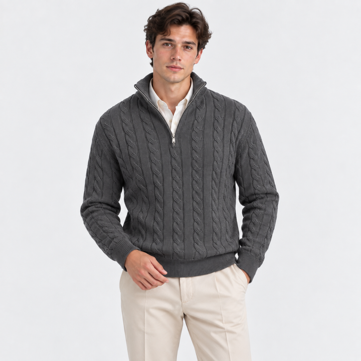Men's Cable-Knit Quarter-Zip Pullover with High Collar