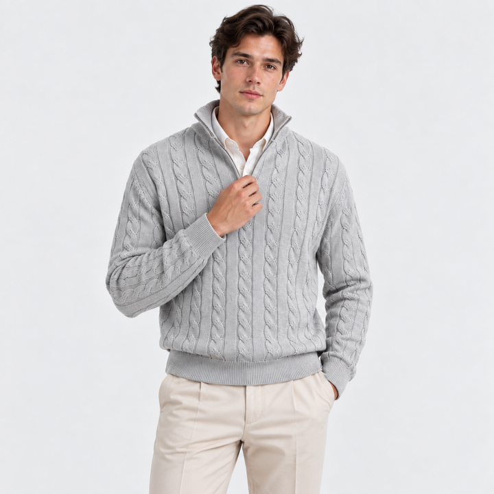 Men's Cable-Knit Quarter-Zip Pullover with High Collar