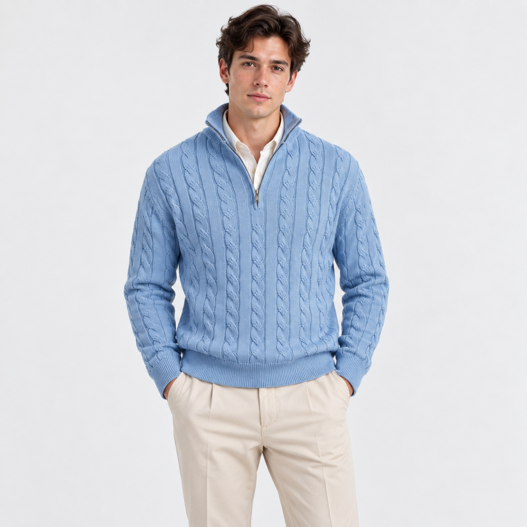 Men's Cable-Knit Quarter-Zip Pullover with High Collar