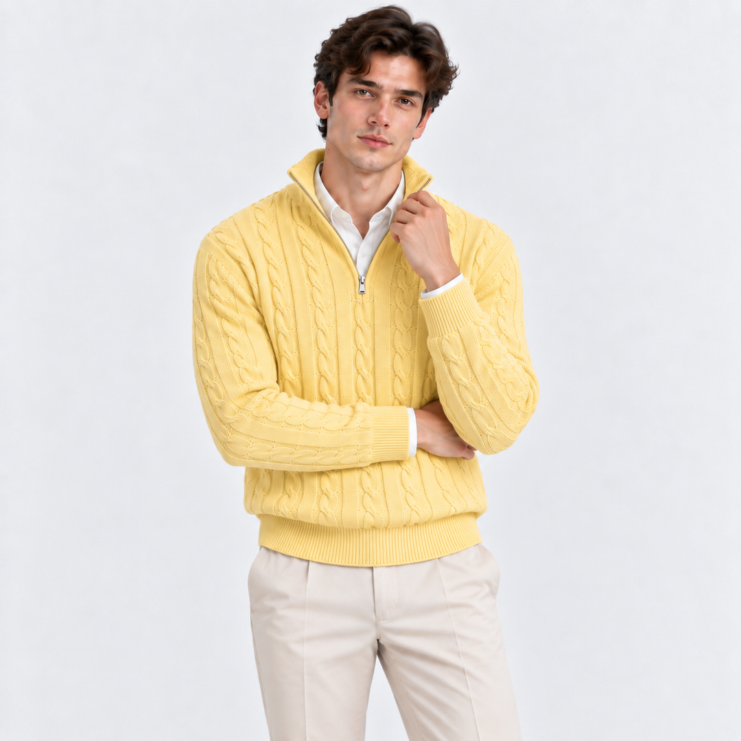 Men's Cable-Knit Quarter-Zip Pullover with High Collar