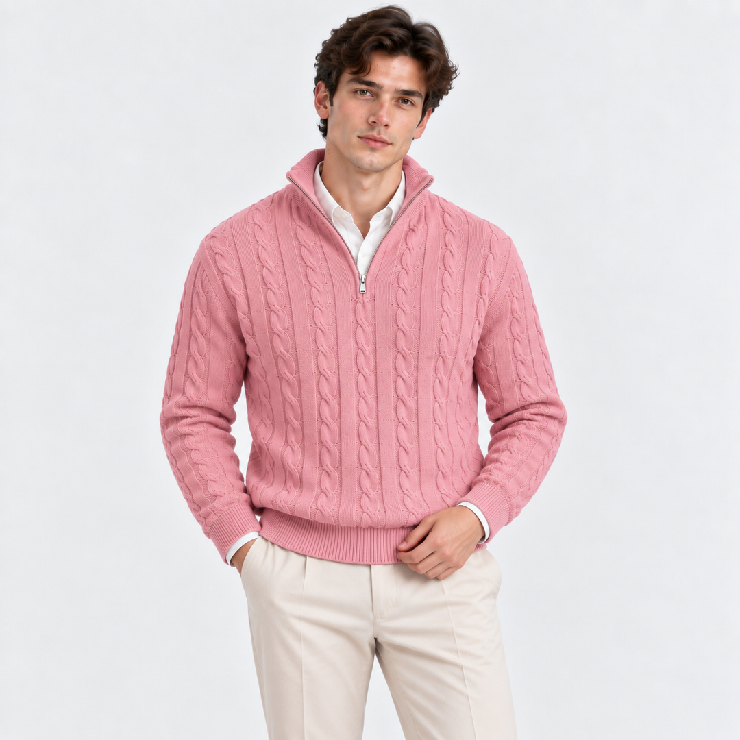 Men's Cable-Knit Quarter-Zip Pullover with High Collar