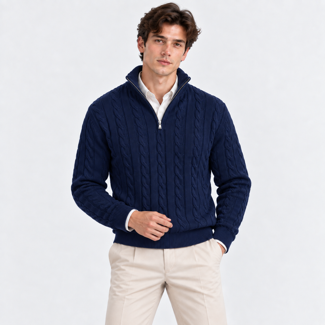 Men's Cable-Knit Quarter-Zip Pullover with High Collar