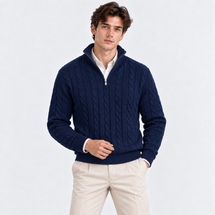 Men's Cable-Knit Quarter-Zip Pullover with High Collar