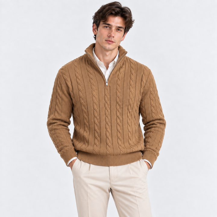 Men's Cable-Knit Quarter-Zip Pullover with High Collar