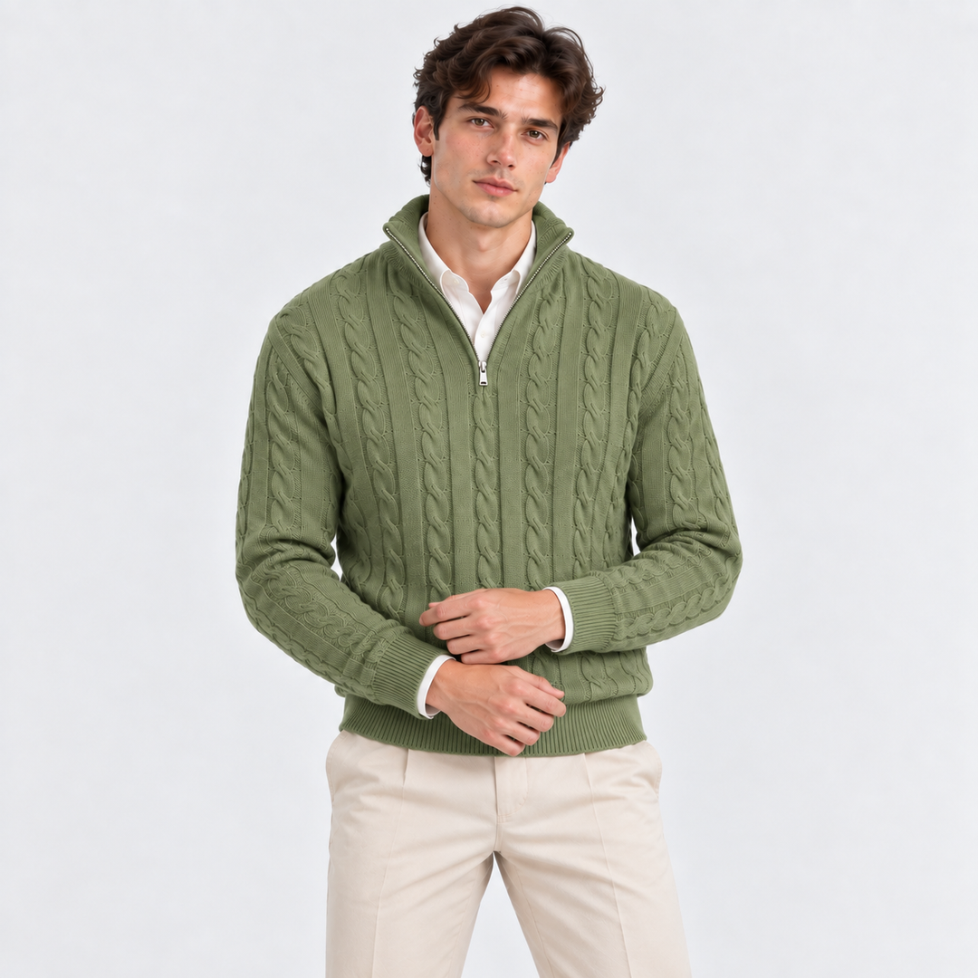 Men's Cable-Knit Quarter-Zip Pullover with High Collar