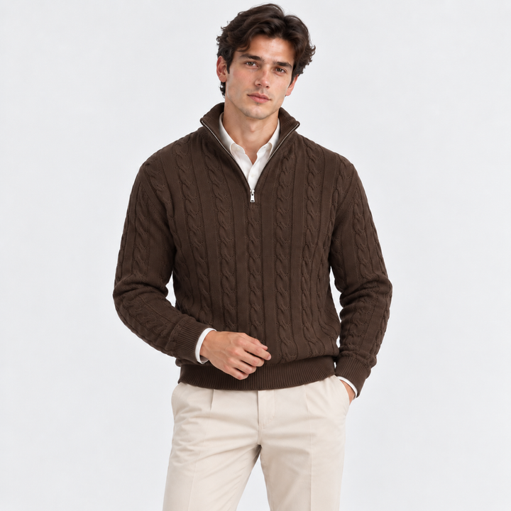 Men's Cable-Knit Quarter-Zip Pullover with High Collar