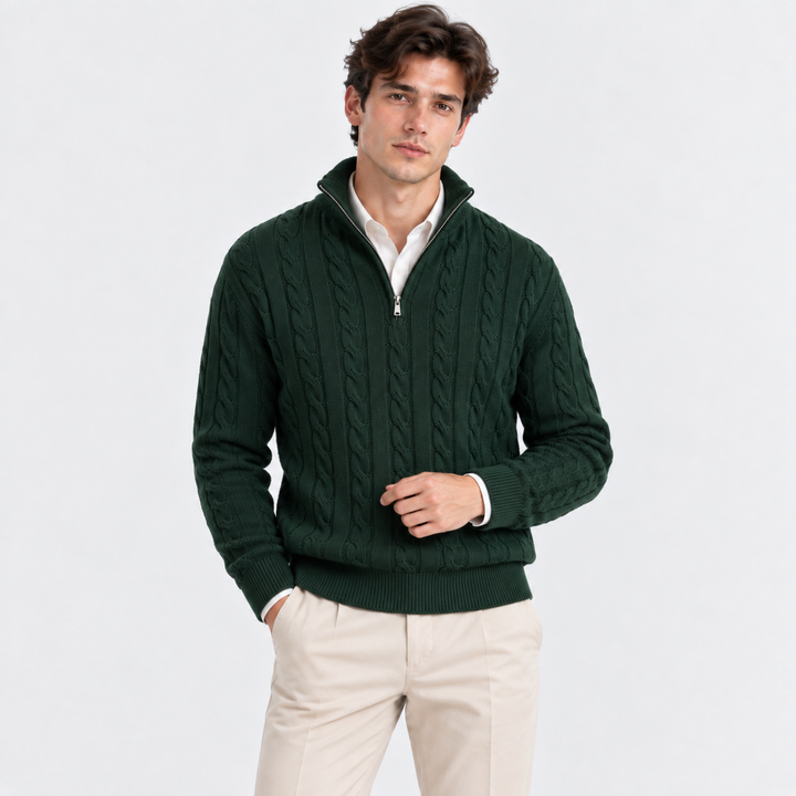 Men's Cable-Knit Quarter-Zip Pullover with High Collar