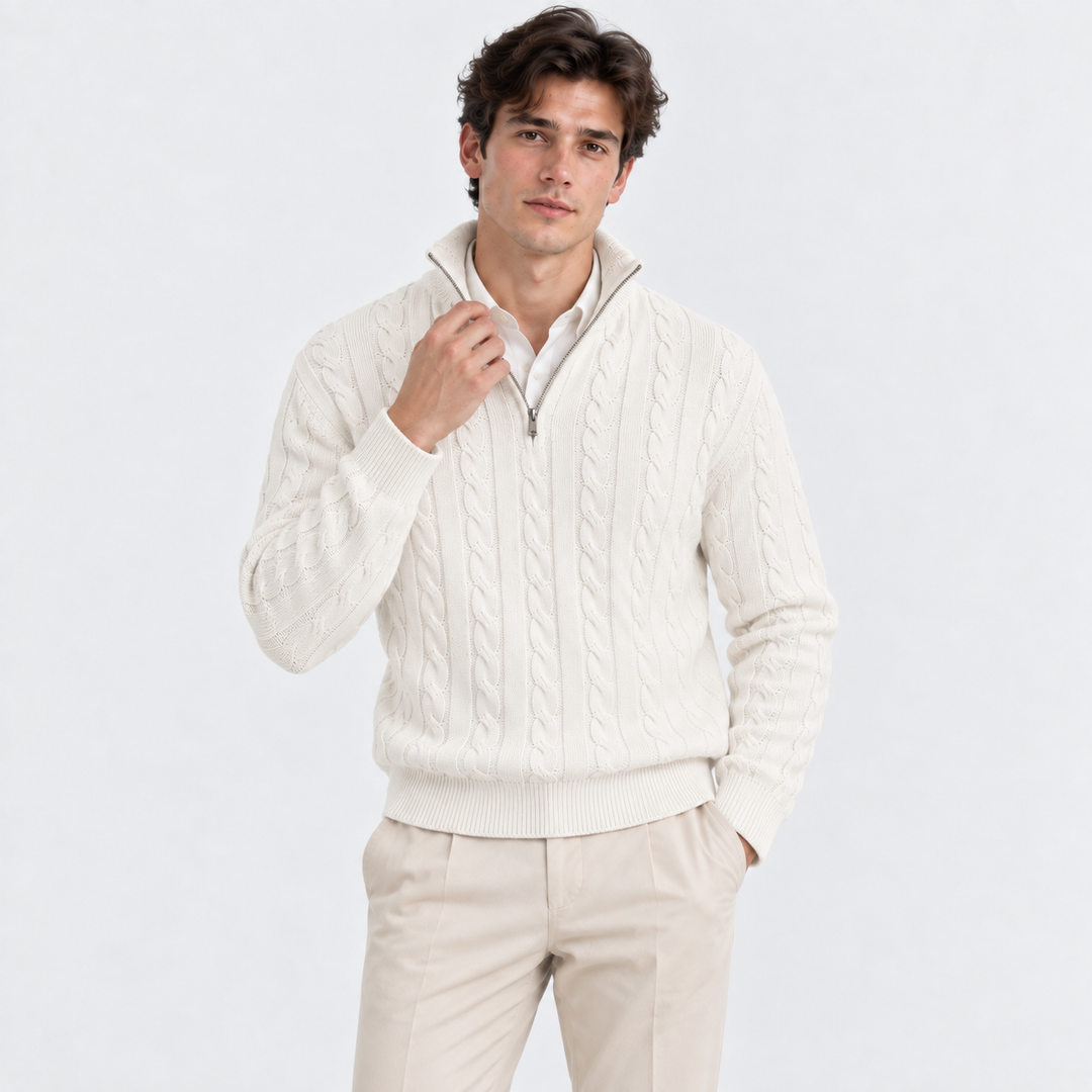 Men's Cable-Knit Quarter-Zip Pullover with High Collar