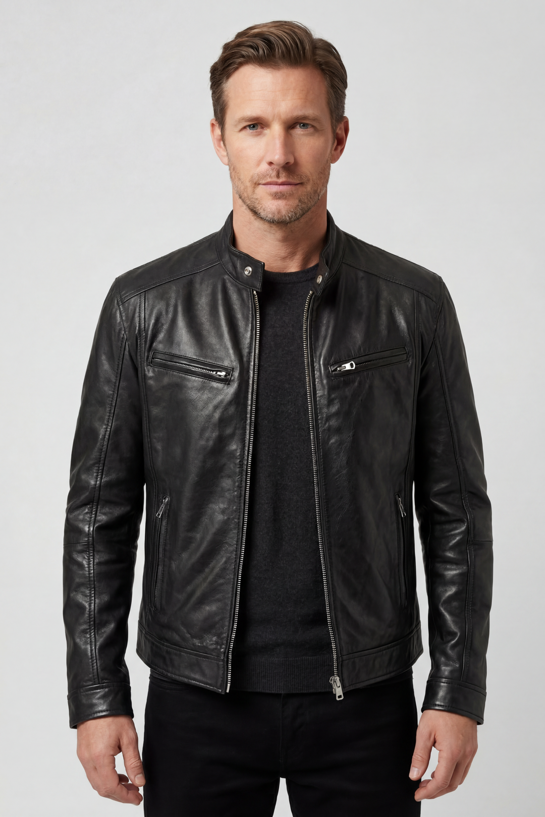 Black biker jacket with zippered pockets for men