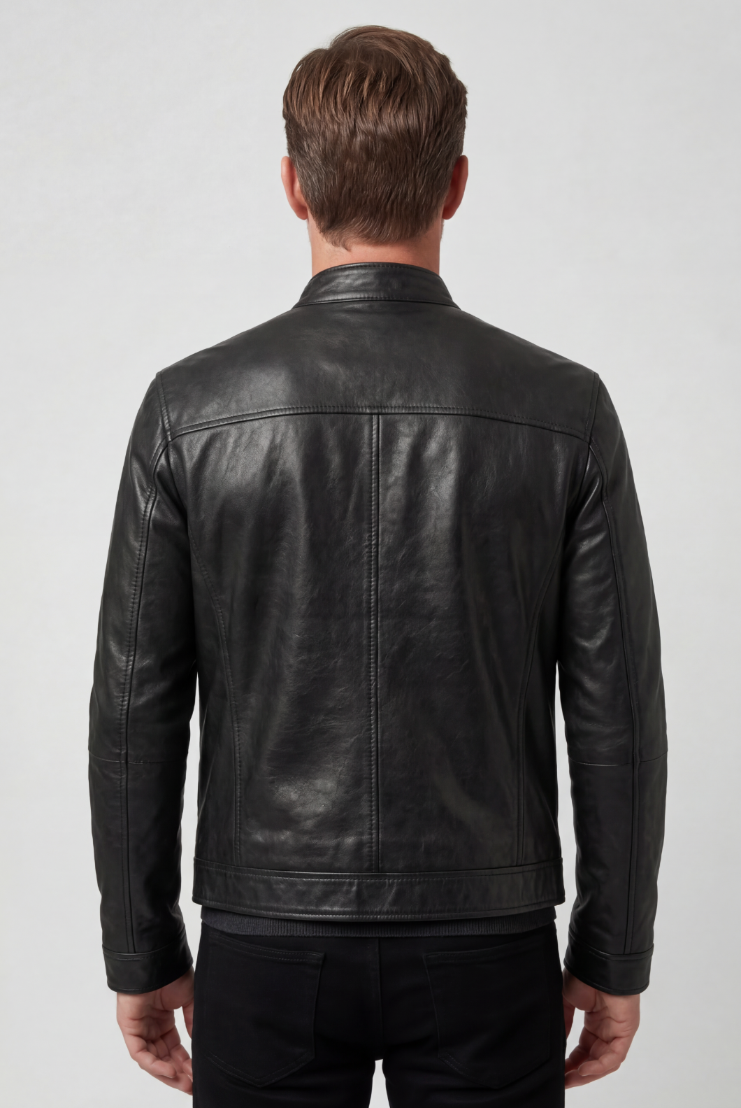 Black biker jacket with zippered pockets for men