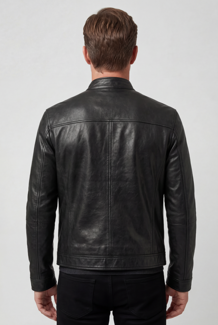 Black biker jacket with zippered pockets for men
