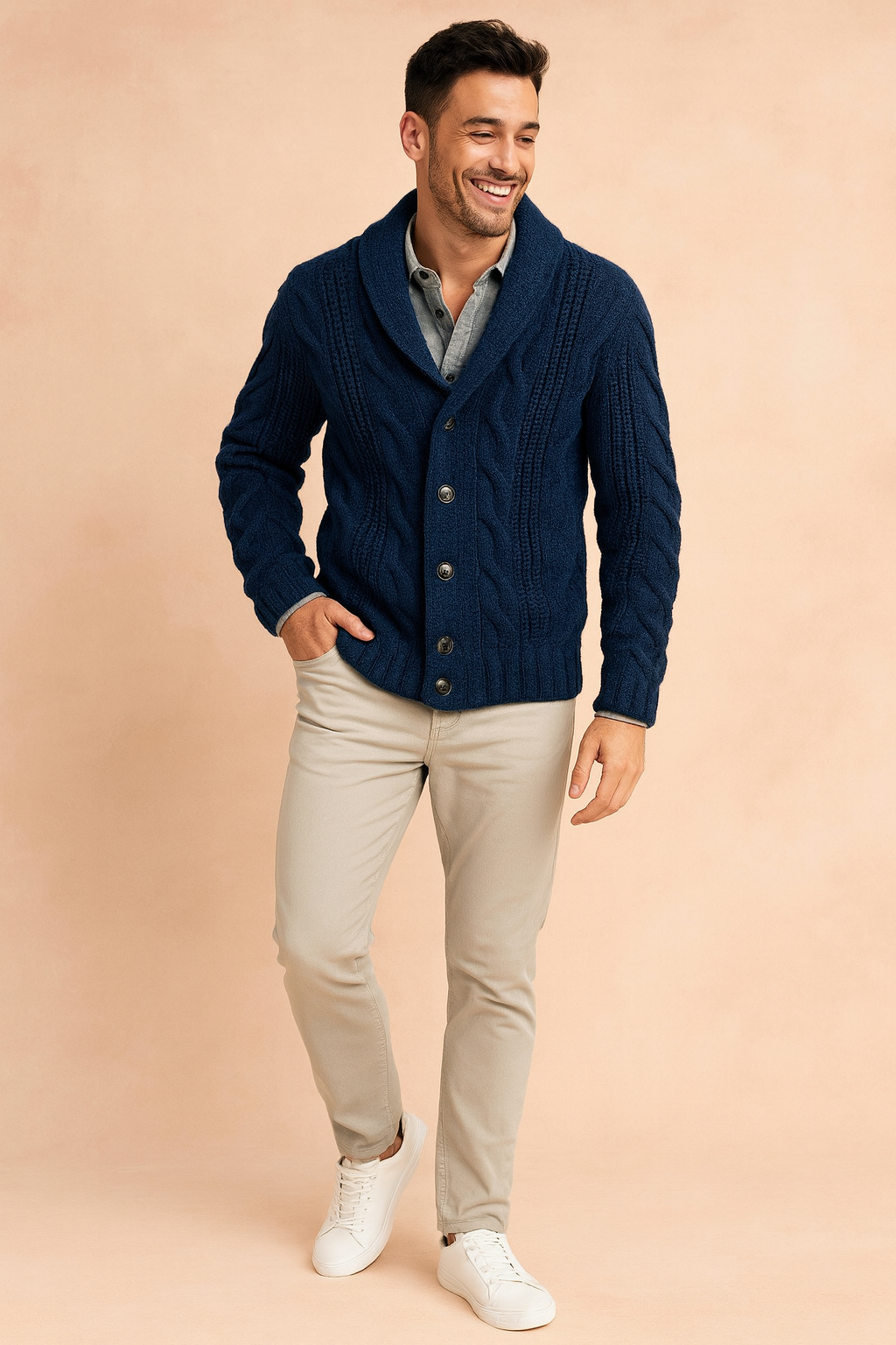 Chunky Strikcardigan med Sjalskrave og Knaplukning til Herrer