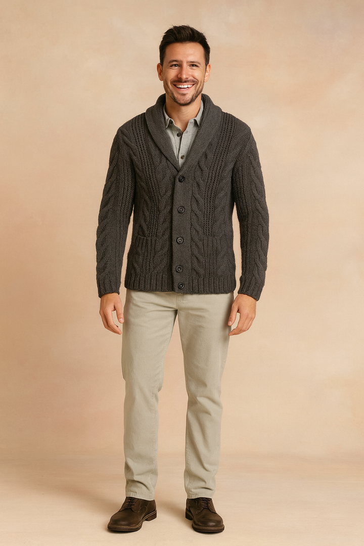 Chunky Strikcardigan med Sjalskrave og Knaplukning til Herrer