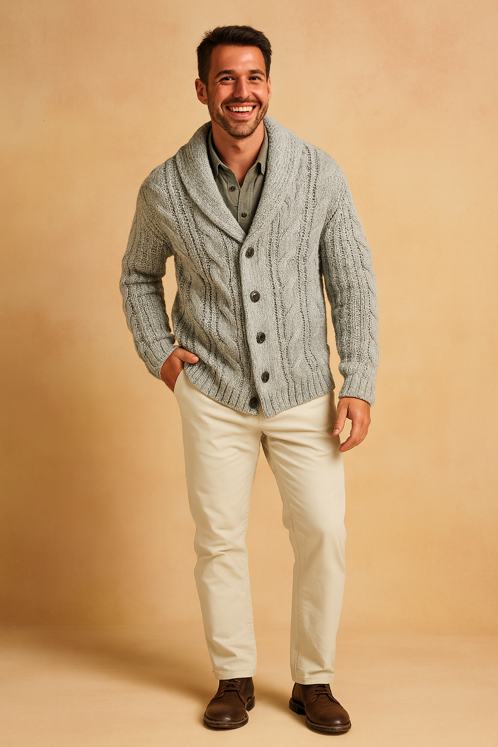 Chunky Strikcardigan med Sjalskrave og Knaplukning til Herrer