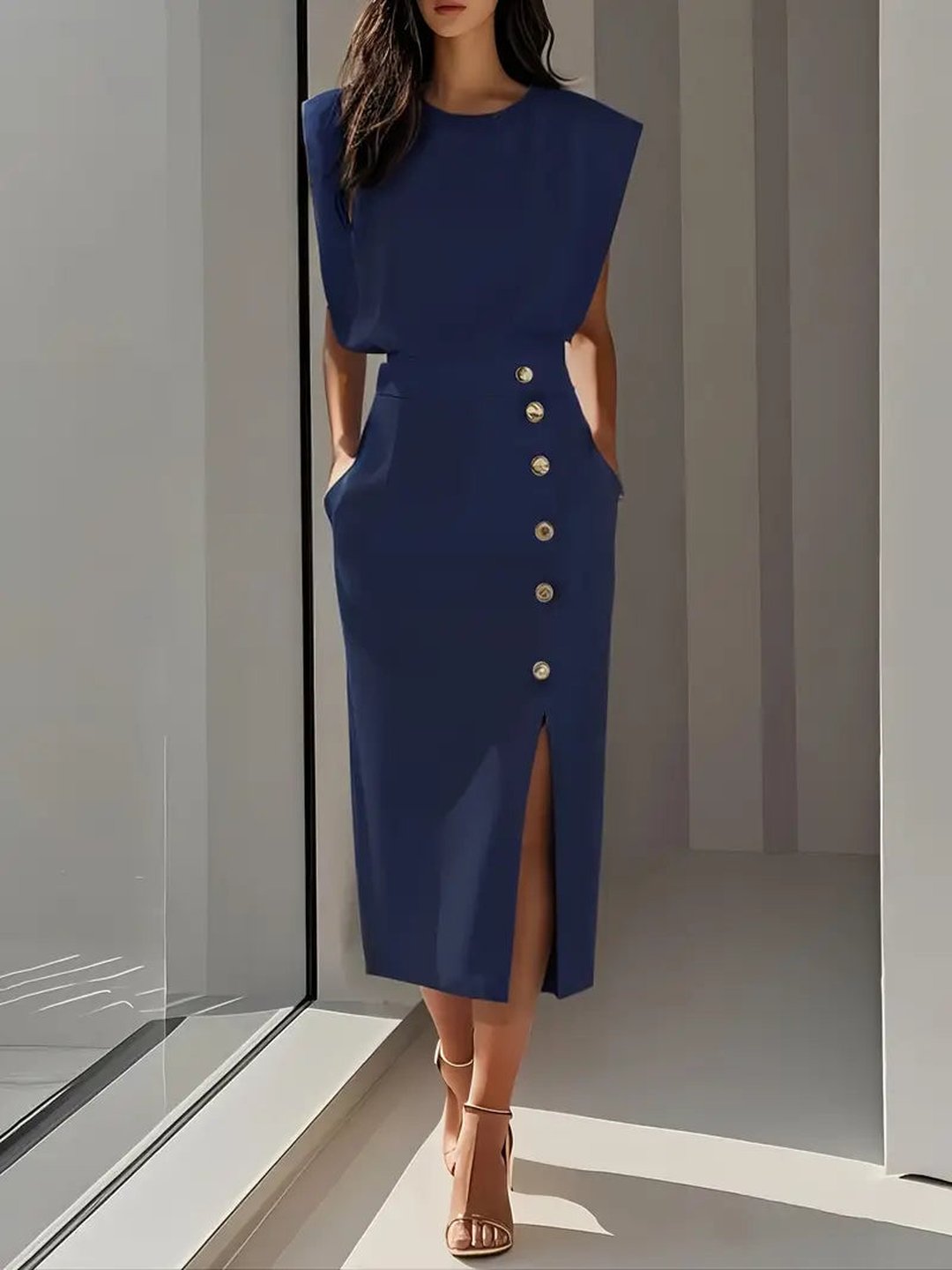 Midi dress with side slit for women