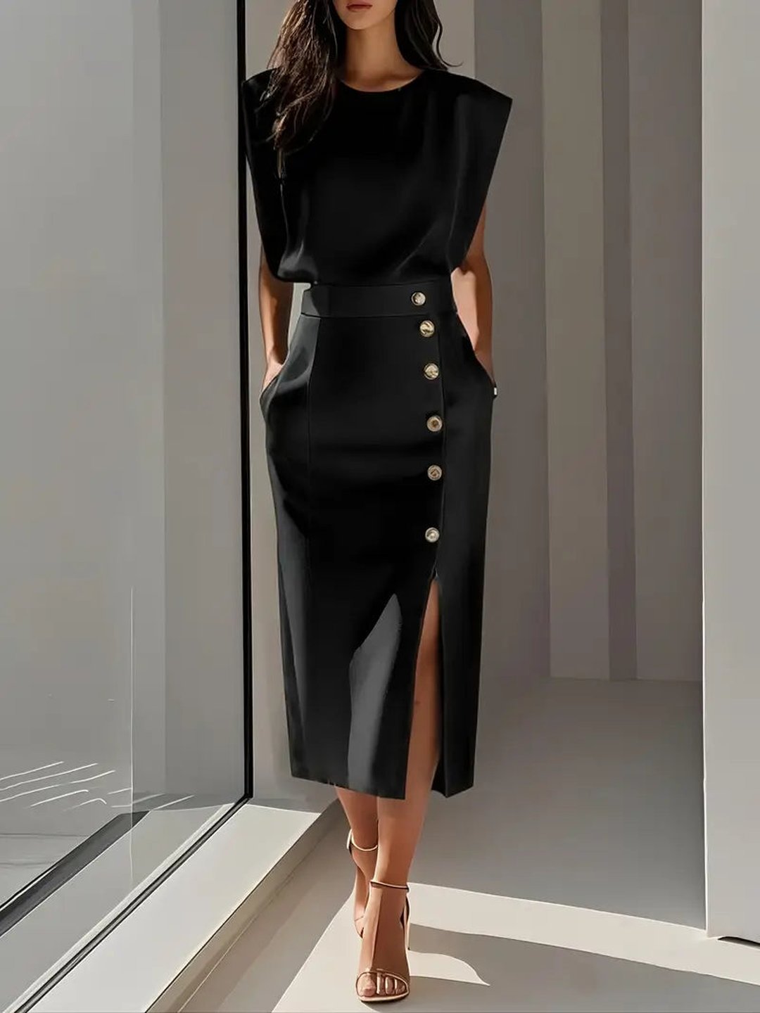 Midi dress with side slit for women