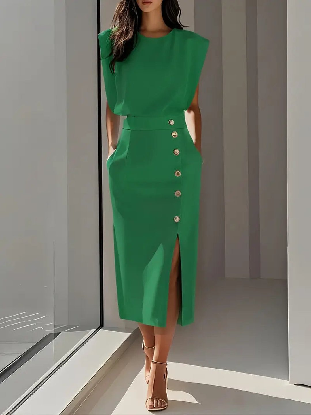 Midi dress with side slit for women