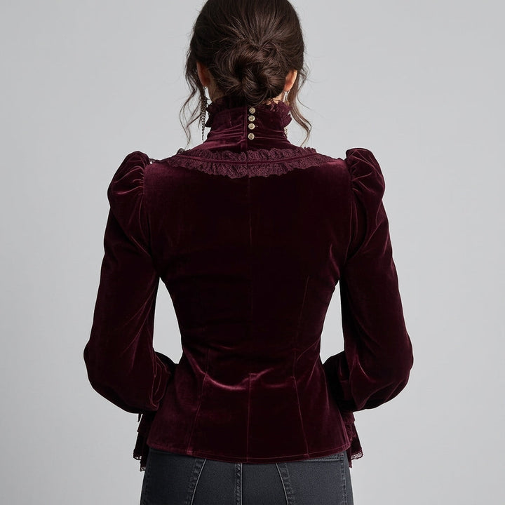 Women's Velvet Blouse with High Neck and Ruffles