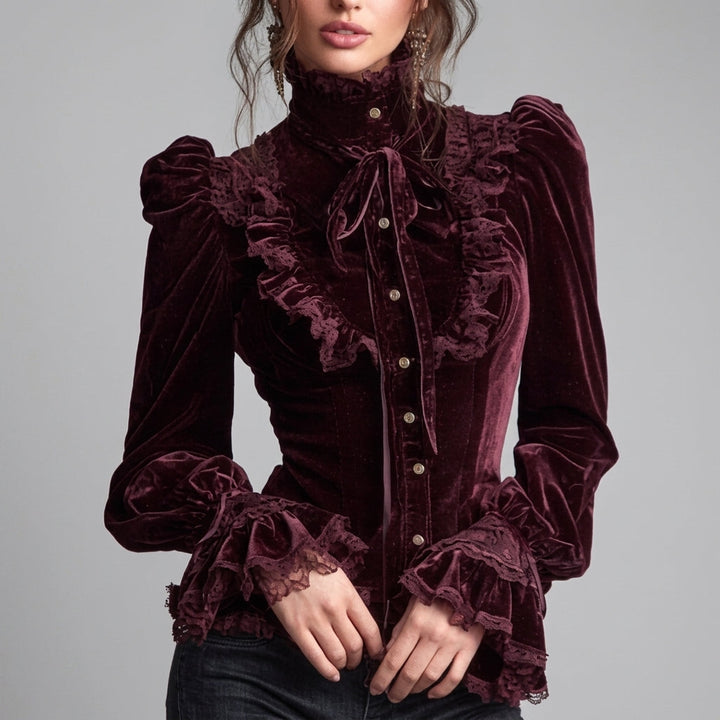 Women's Velvet Blouse with High Neck and Ruffles