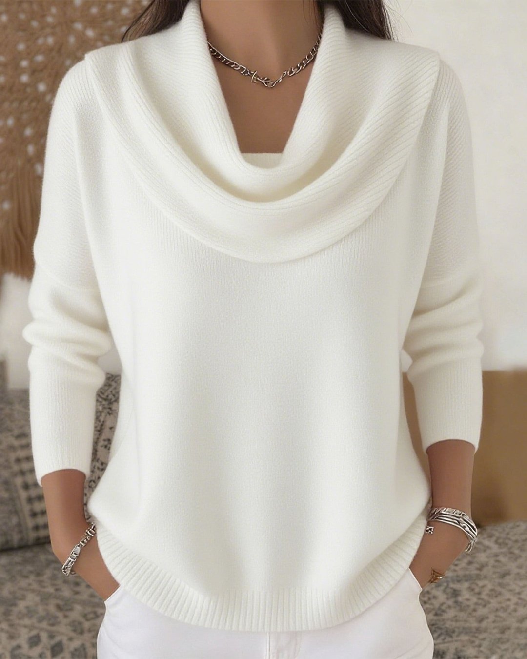 Strik sweater til kvinder med vandfaldshals