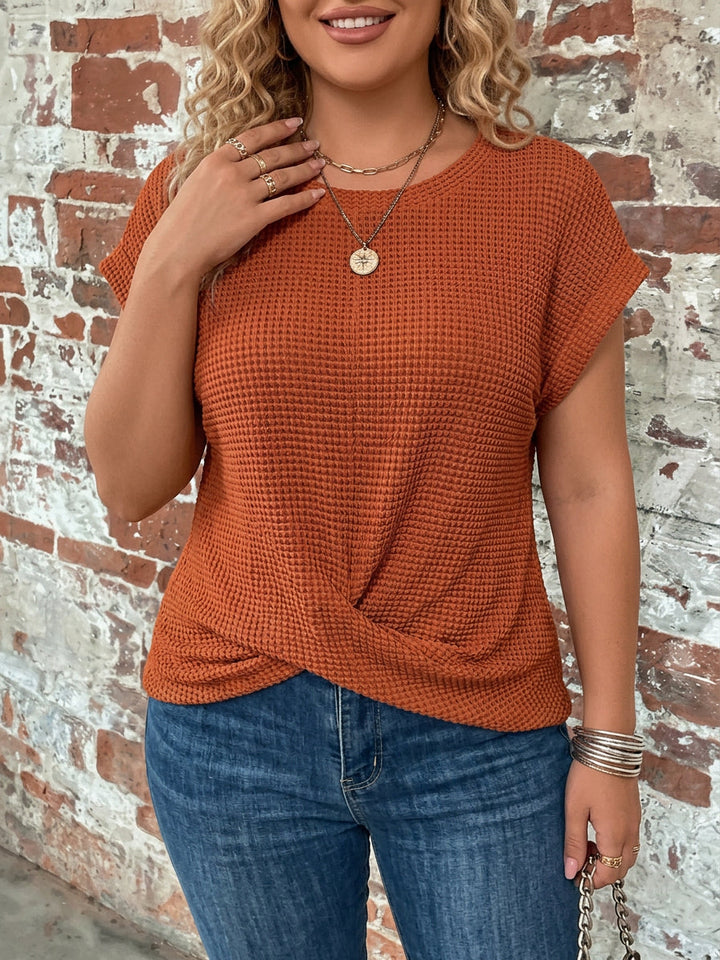 Waffle-knit T-shirt with rolled sleeves and twisted detail for women