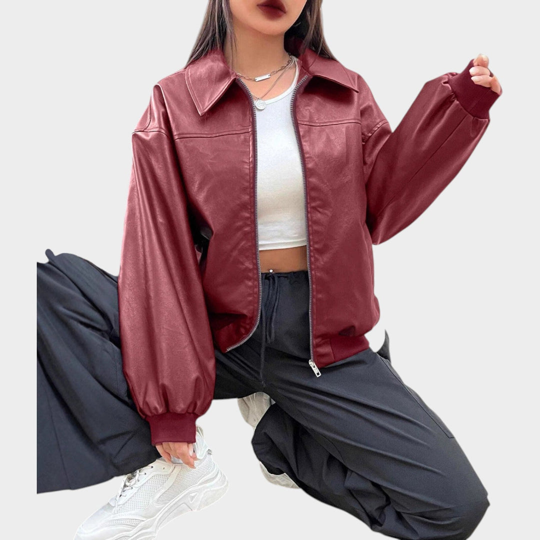 Women's Leather Bomber Jacket with Zipper