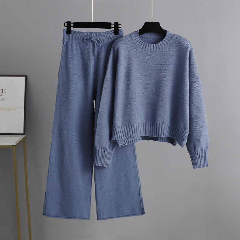 Women's Two-Piece Loungewear Set with Drawstring Wide-Leg Trousers