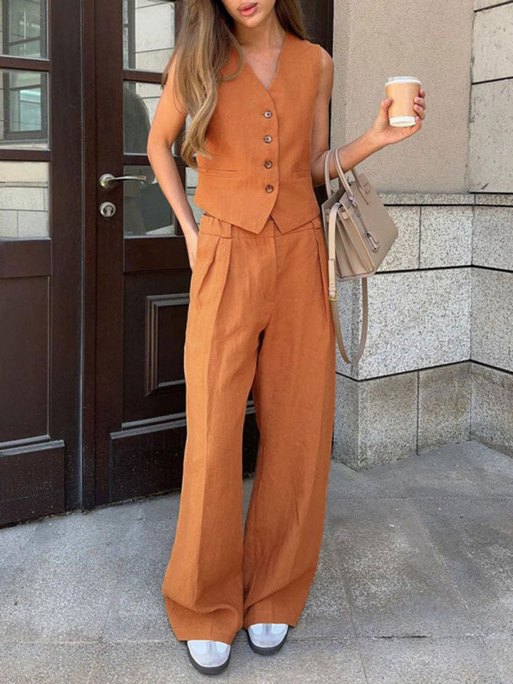 V-neck Pleated Top and Wide-Leg Pants Set for Women