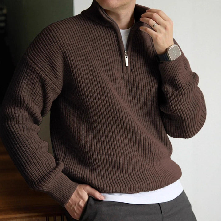 Men's Textured Half-Zip Pullover with Ribbed Trims
