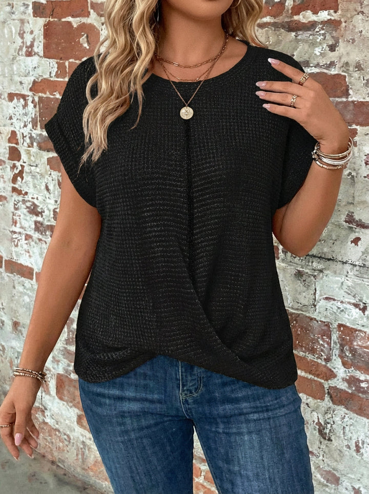 Waffle-knit T-shirt with rolled sleeves and twisted detail for women