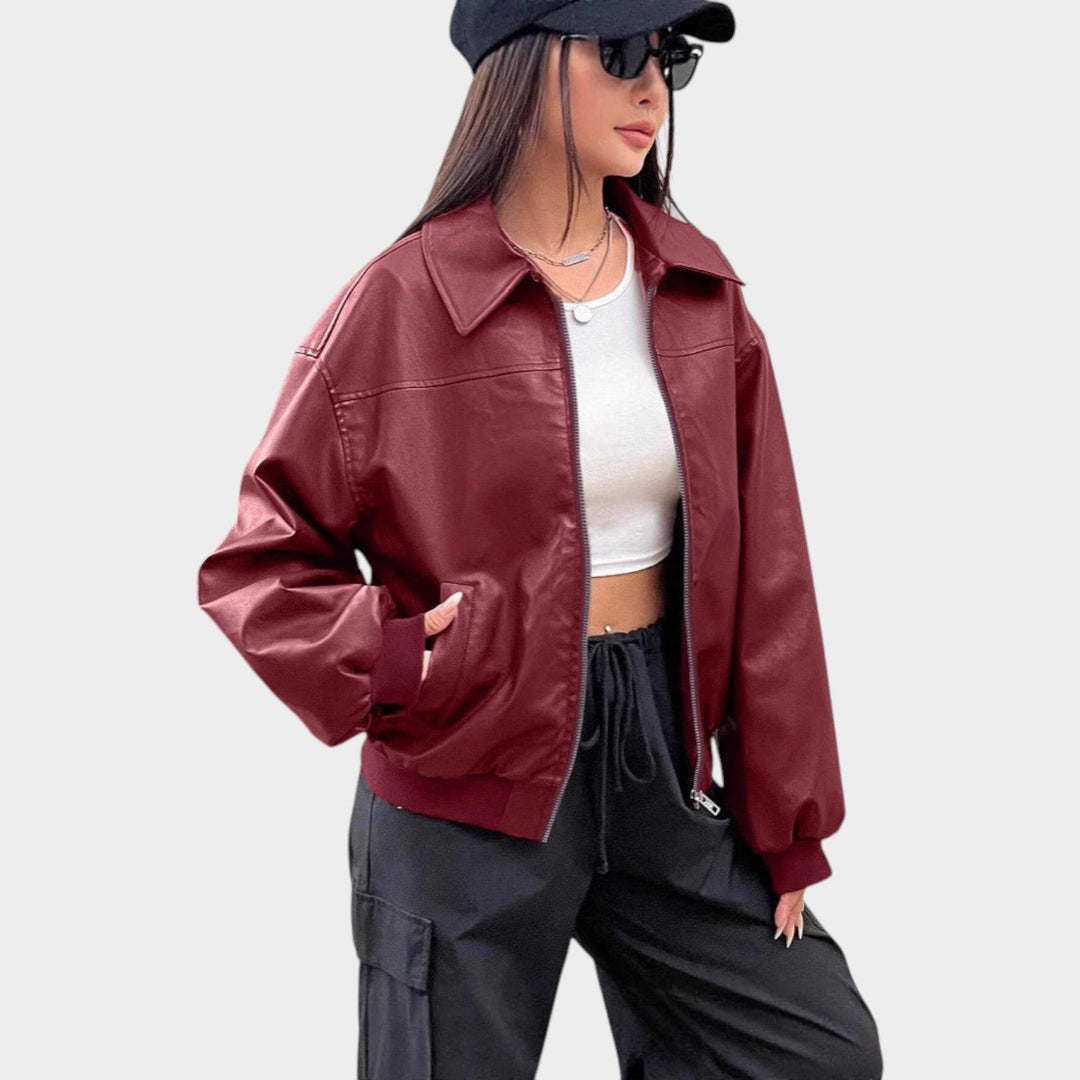 Women's Leather Bomber Jacket with Zipper