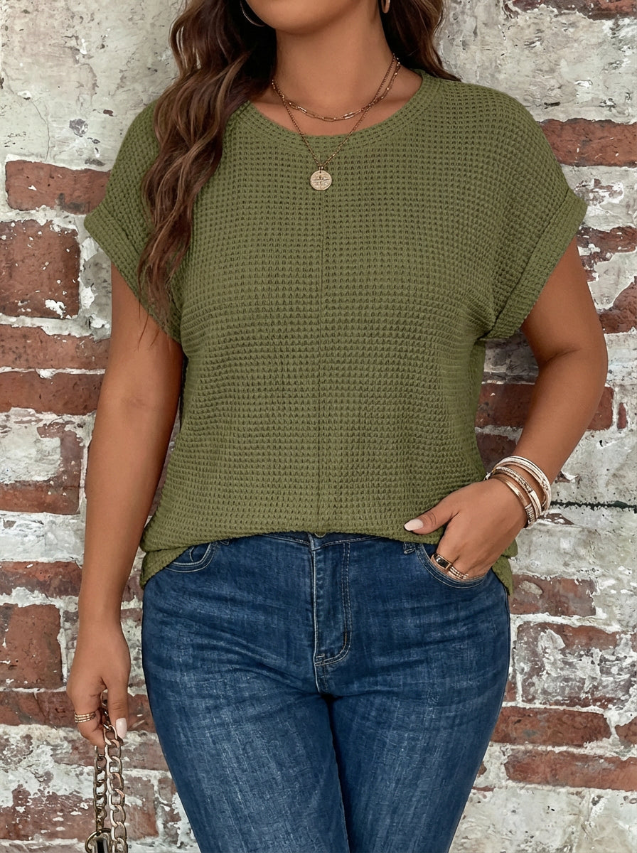 Waffle-knit T-shirt with rolled sleeves and twisted detail for women