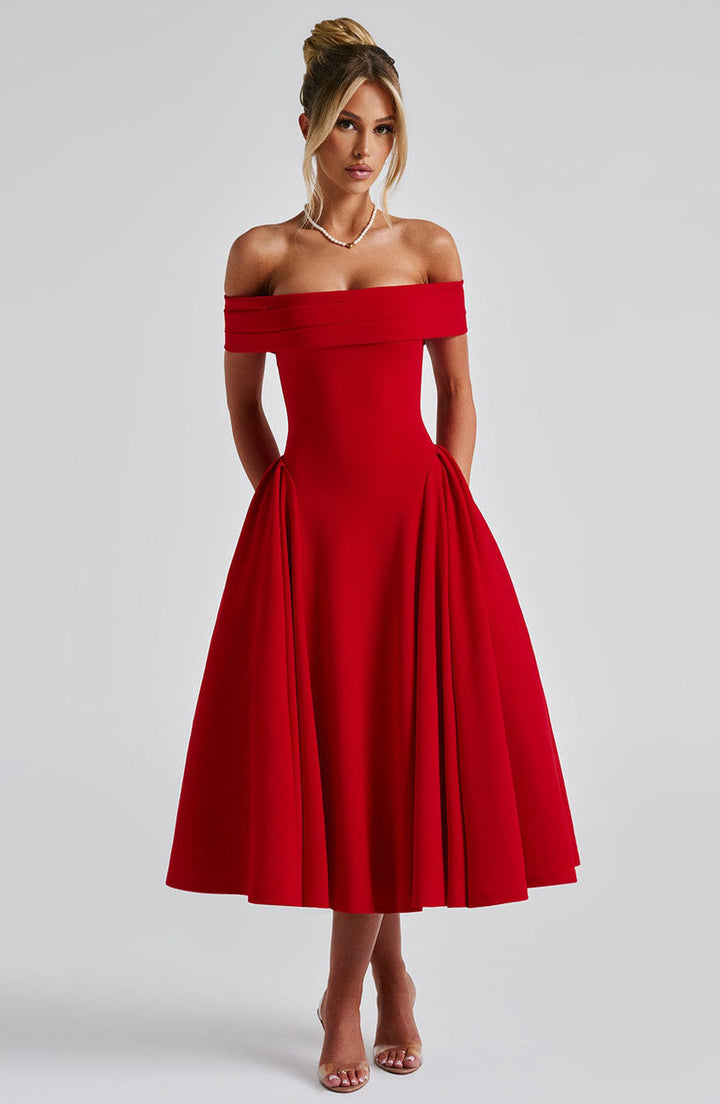 Off-shoulder midikjole med vidt skørt til damer