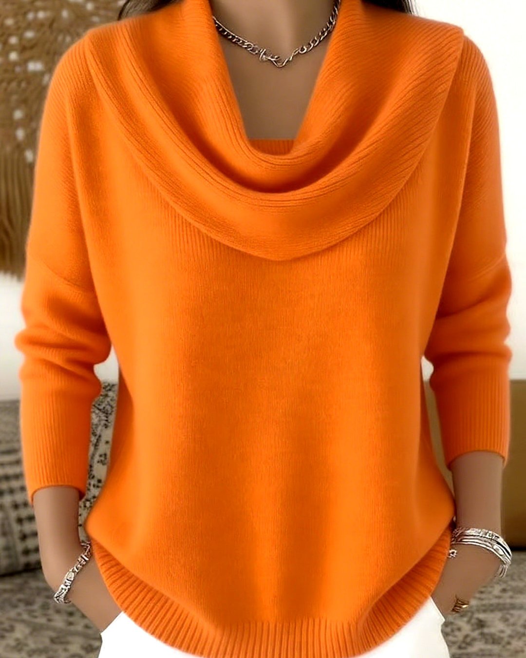 Strik sweater til kvinder med vandfaldshals