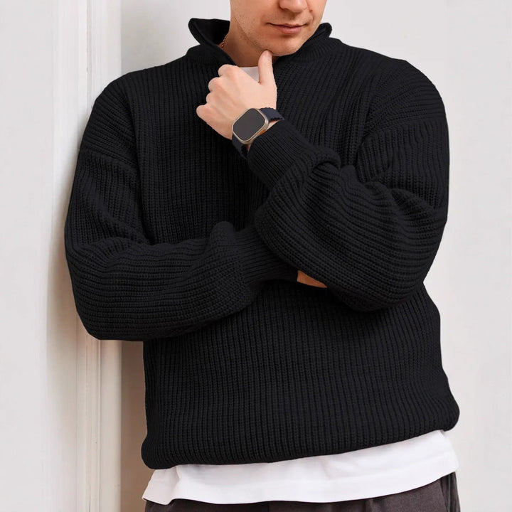 Men's Textured Half-Zip Pullover with Ribbed Trims