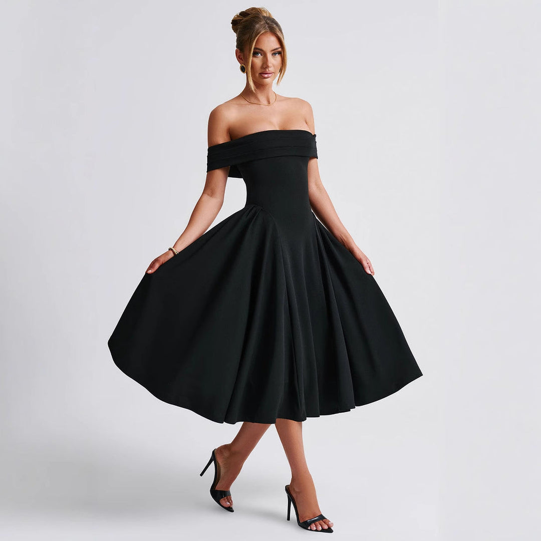 Off-shoulder midikjole med vidt skørt til damer