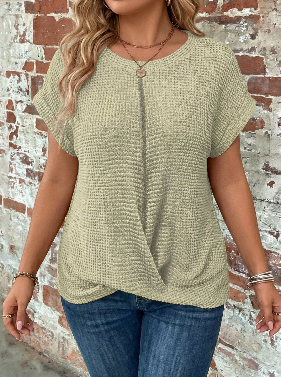 Waffle-knit T-shirt with rolled sleeves and twisted detail for women