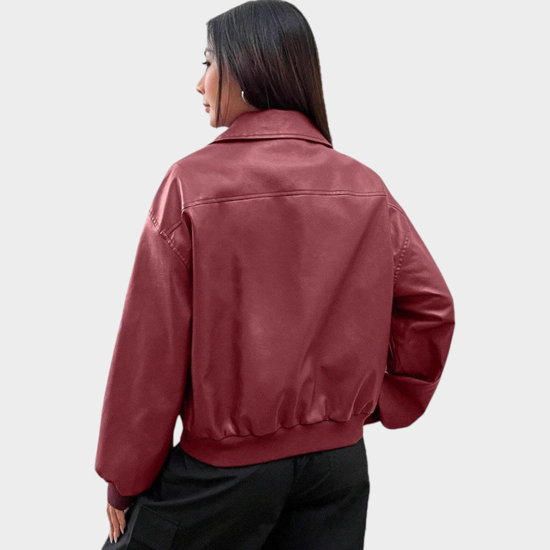 Women's Leather Bomber Jacket with Zipper