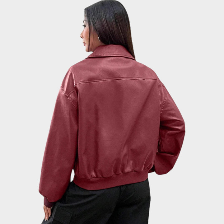 Women's Leather Bomber Jacket with Zipper