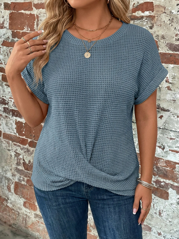 Waffle-knit T-shirt with rolled sleeves and twisted detail for women