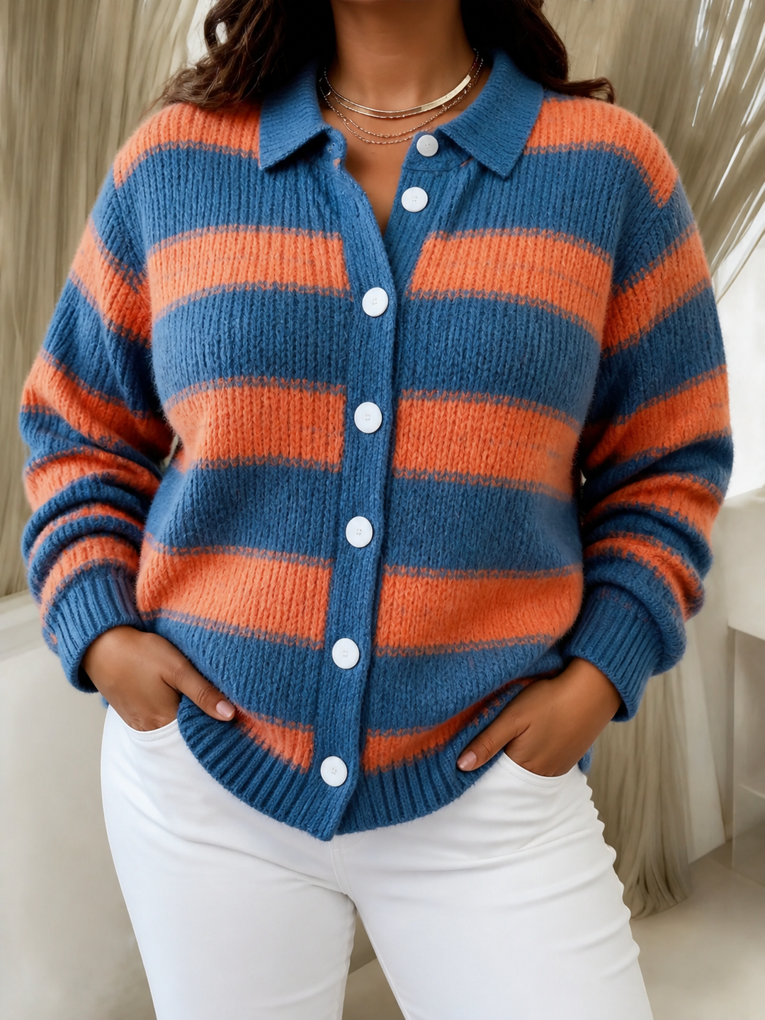 Striped Cardigan with Collar and Buttons for Women