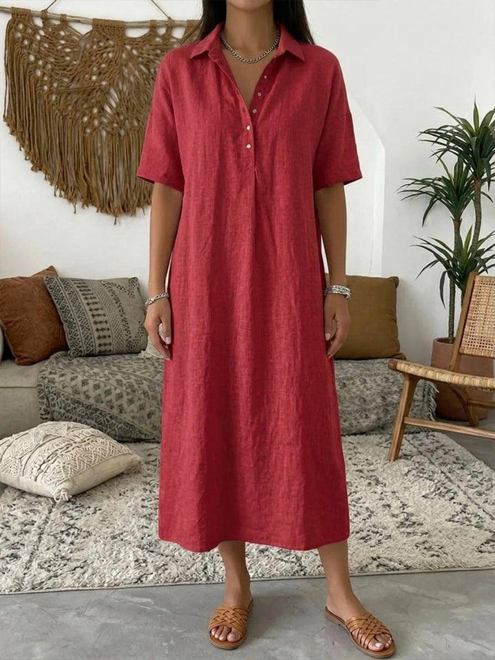Afslappet hør skjortekjole i midi længde til kvinder