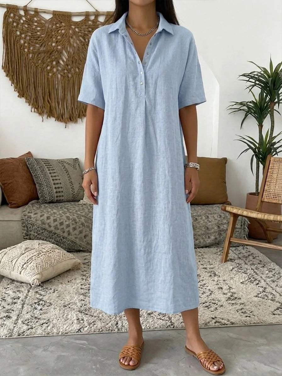 Relaxed linen shirt dress in midi length for women