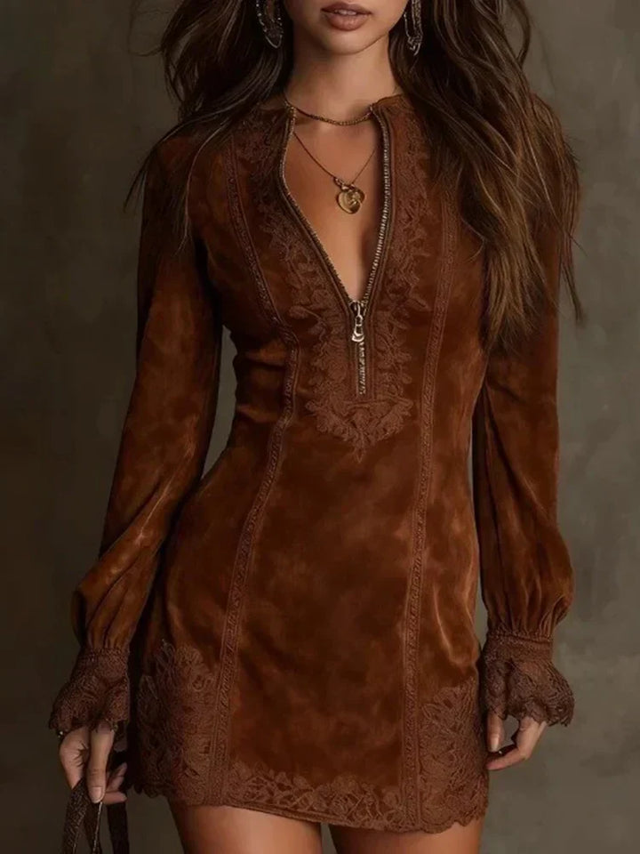 Short Dress with Faux Suede Look and Lace-Up Details for Women