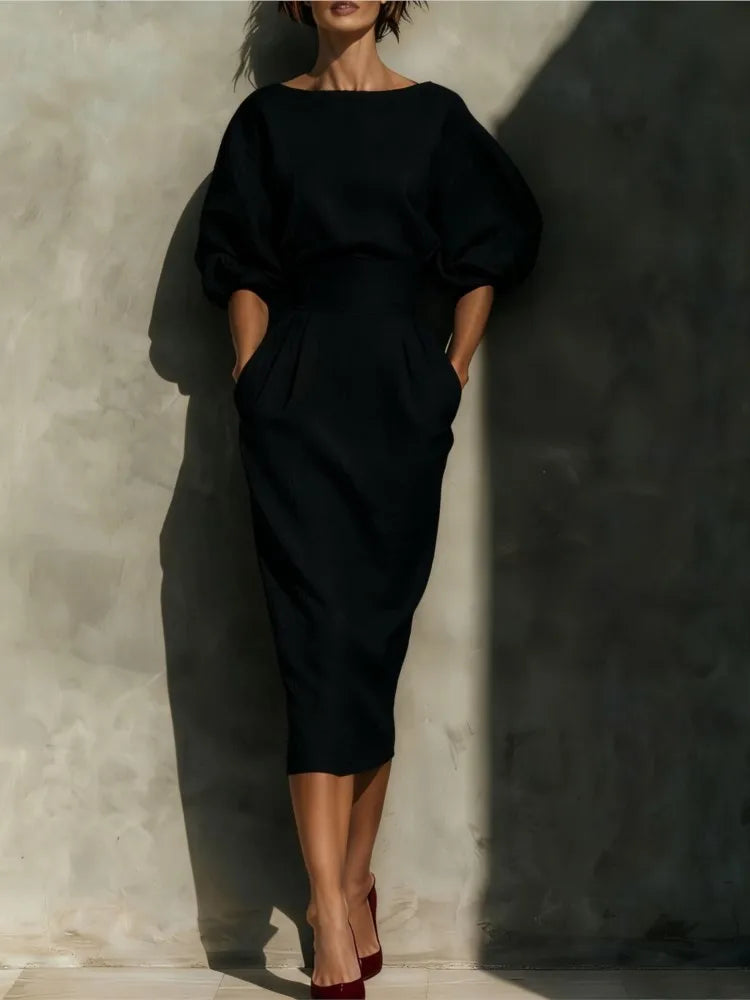 Pleated midi dress for women with wrap design and side pockets