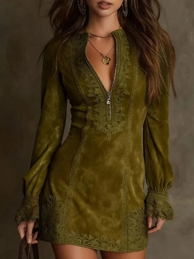 Short Dress with Faux Suede Look and Lace-Up Details for Women