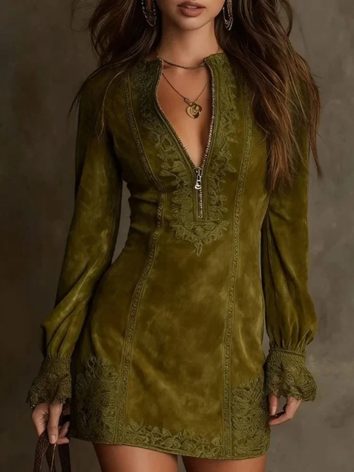 Short Dress with Faux Suede Look and Lace-Up Details for Women