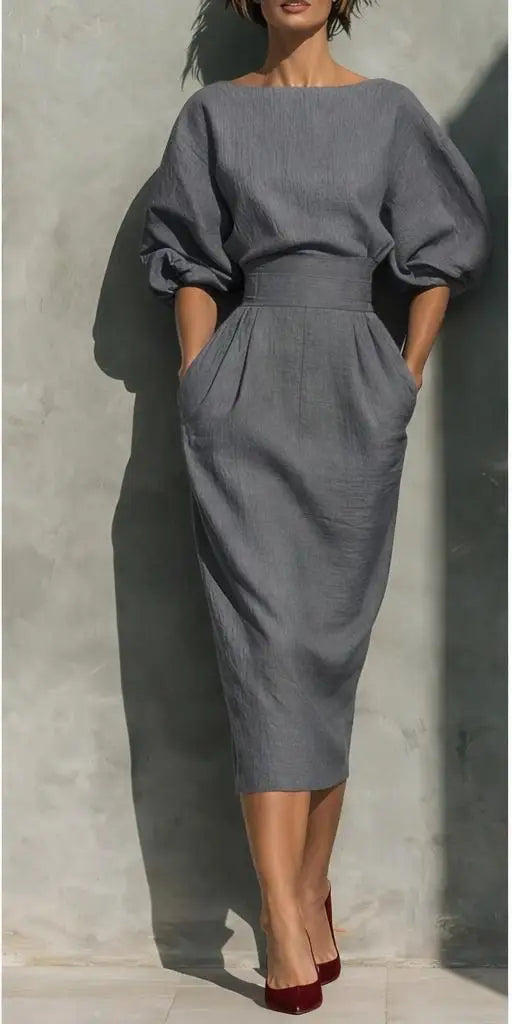 Pleated midi dress for women with wrap design and side pockets