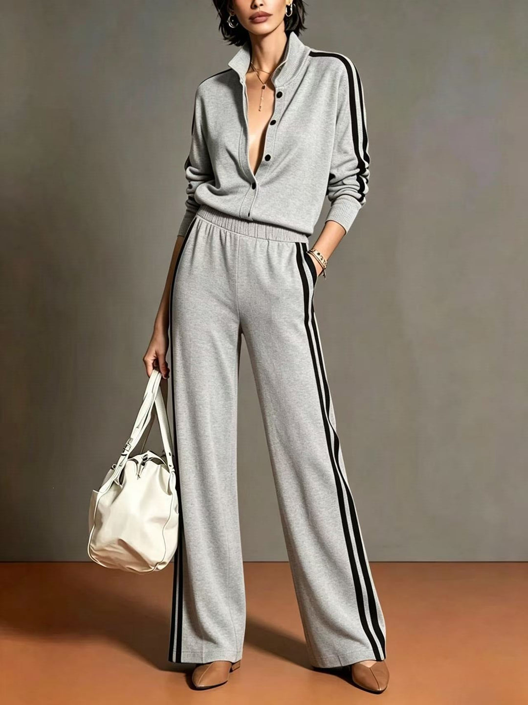 Top with Simple Buttons and Wide-Leg Pants for Women