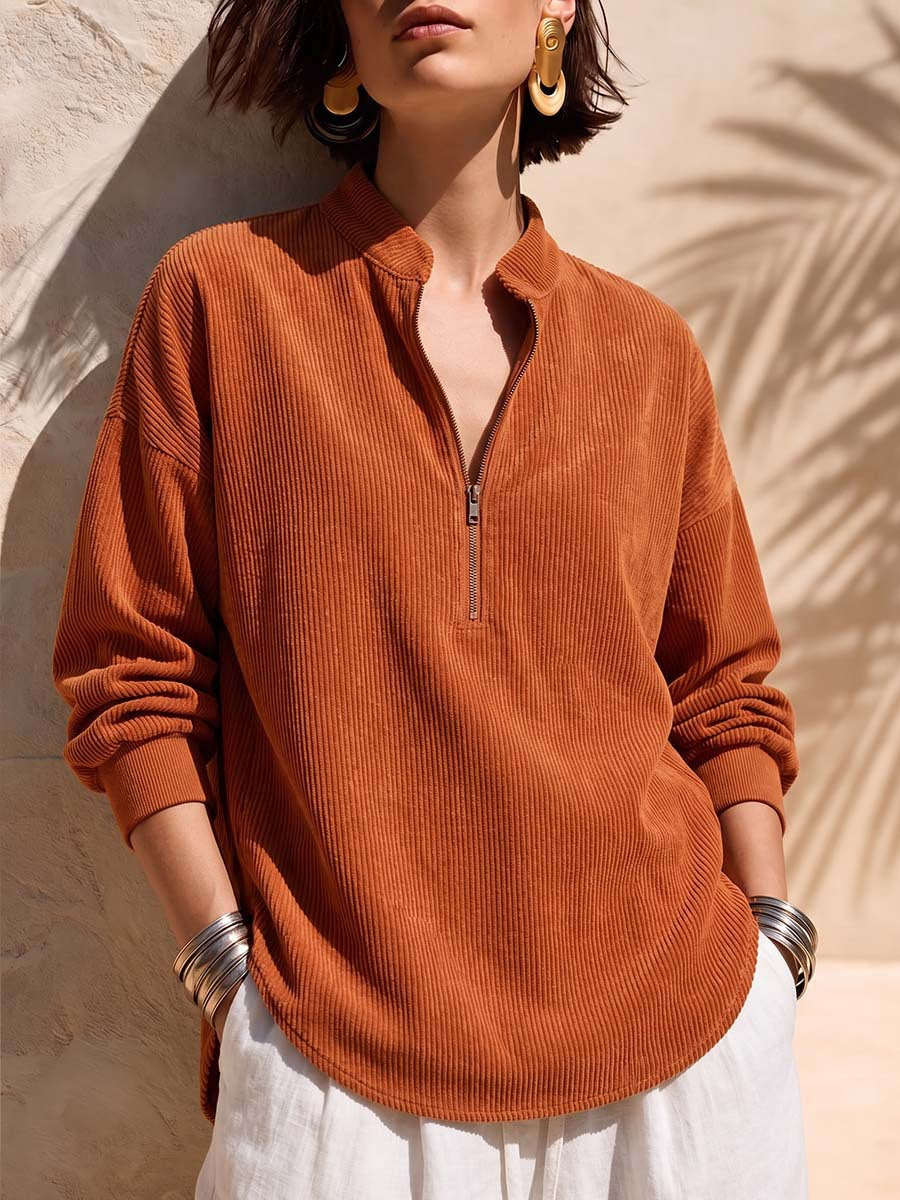 Women's Zip-Up Stand-Collar Long-Sleeve Loose Casual Corduroy Top